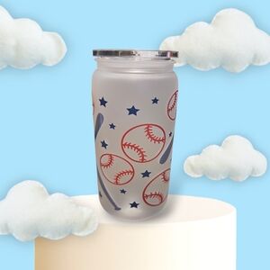 Baseball Themed Frosted Glass Jar